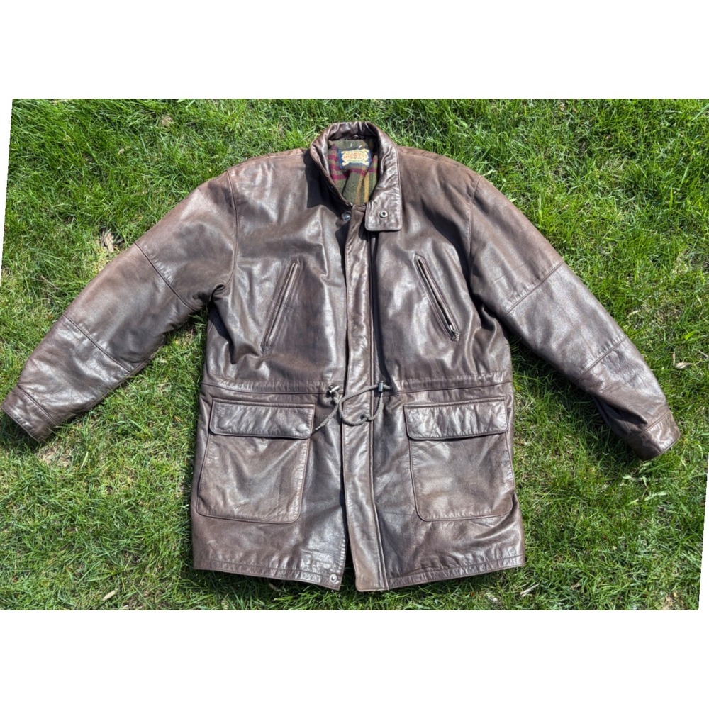 Vintage Midwest Clothing Company Mens Brown‎ Leather Field Jacket Plaid Lined L